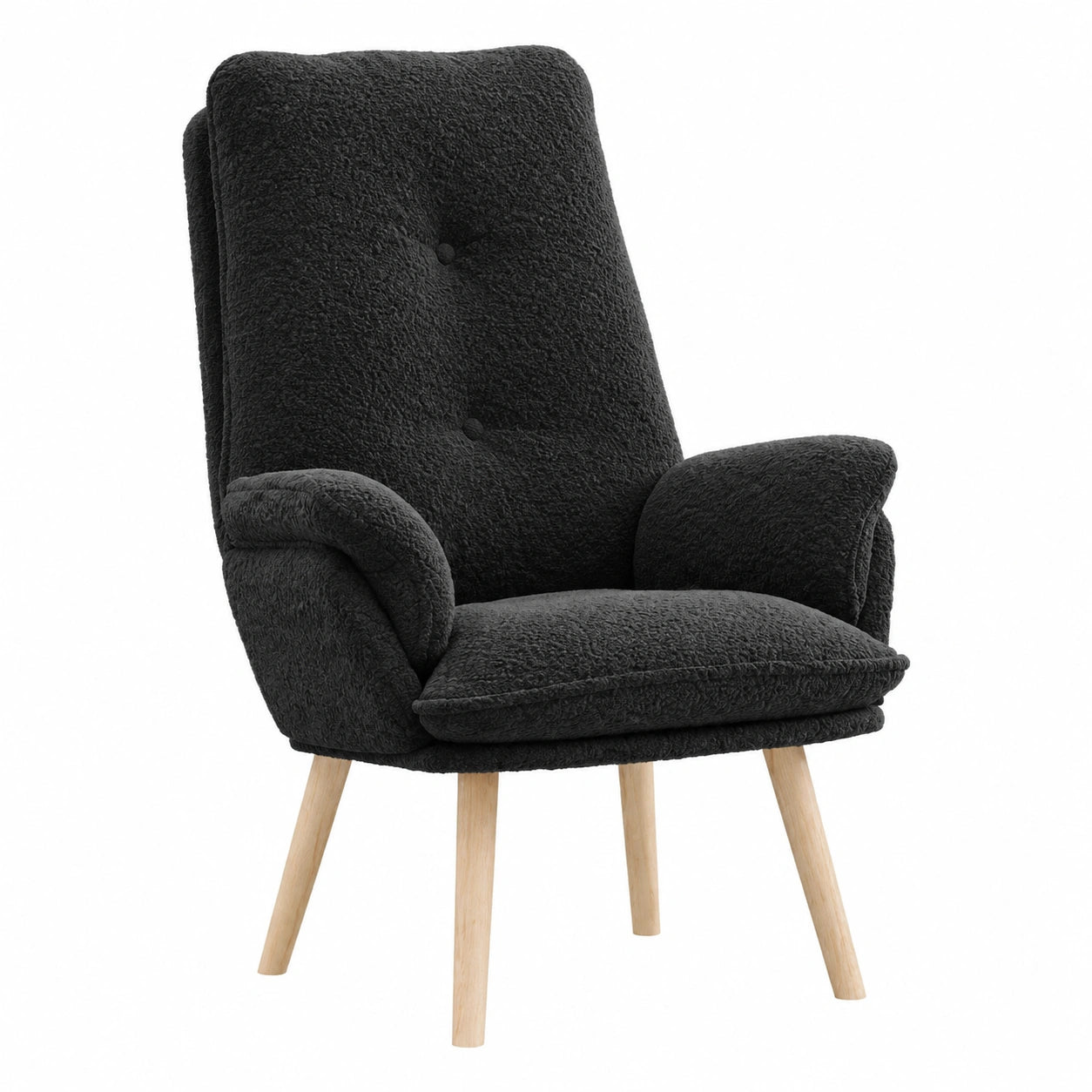 Poltrona ergonomica nera in tessuto, design moderno, gambe in legno, 69x74x93 cm