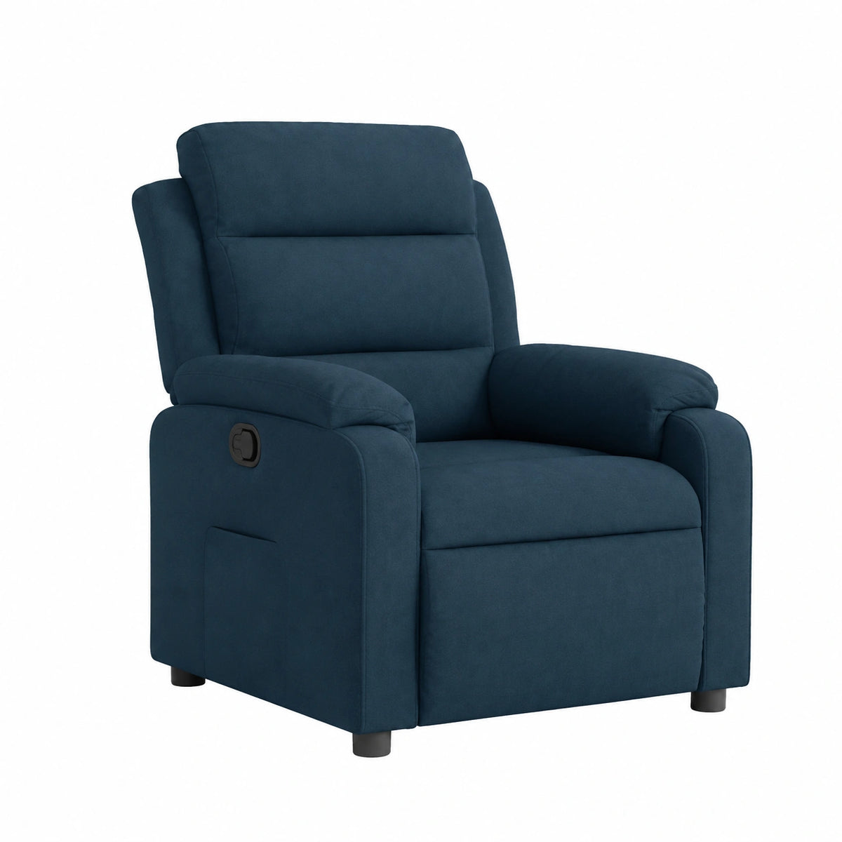 Poltrona ergonomica blu in velluto con schienale e poggiapiedi regolabili, struttura in legno e metallo per soggiorno e ufficio