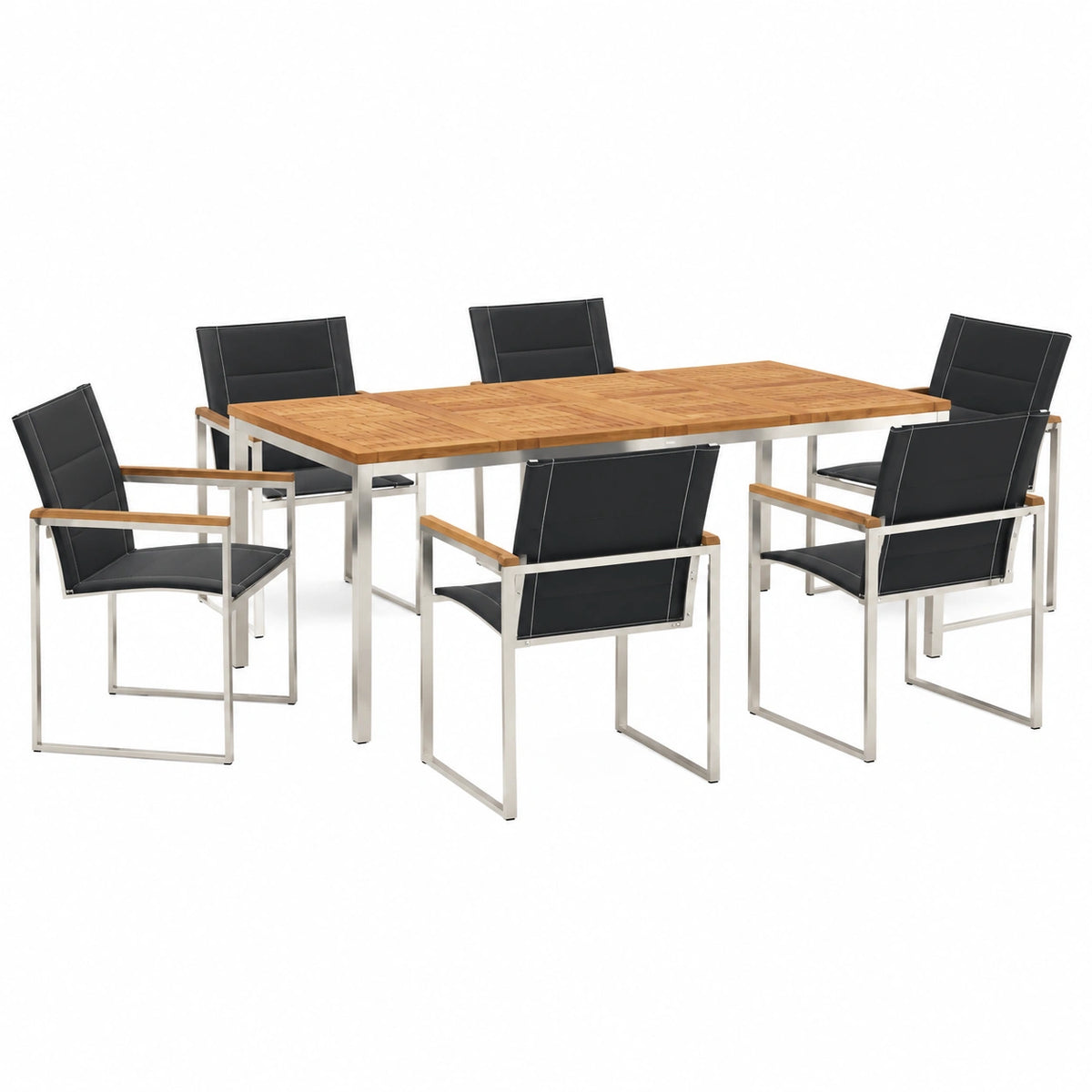 Set pranzo giardino 7 pezzi, legno acacia e acciaio, 6 posti, resistente intemperie