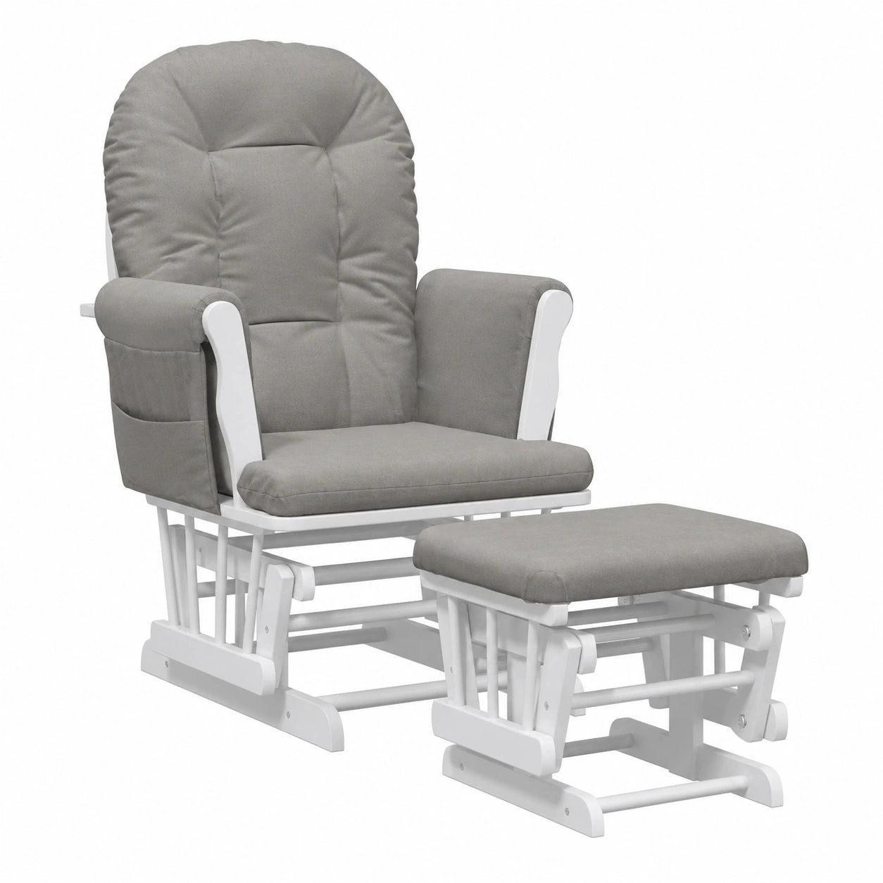 Sedia a dondolo ergonomica in tessuto con sgabello e tasche laterali, struttura legno di gomma, grigio