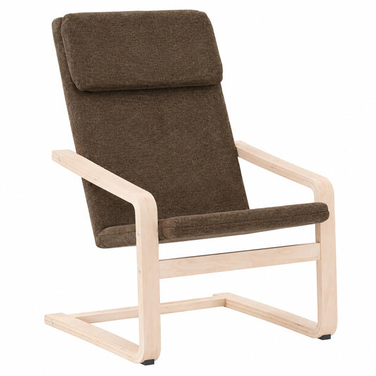 Poltrona ergonomica in tessuto marrone scuro con struttura in legno massello, ideale per soggiorno e lettura, 59x82x98 cm
