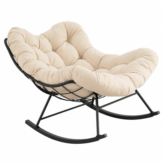 COSTWAY Poltrona a Dondolo Ergonomica con Cuscino, Sedia a Uovo in Metallo per Interno ed Esterno, Portata 205 kg, Beige