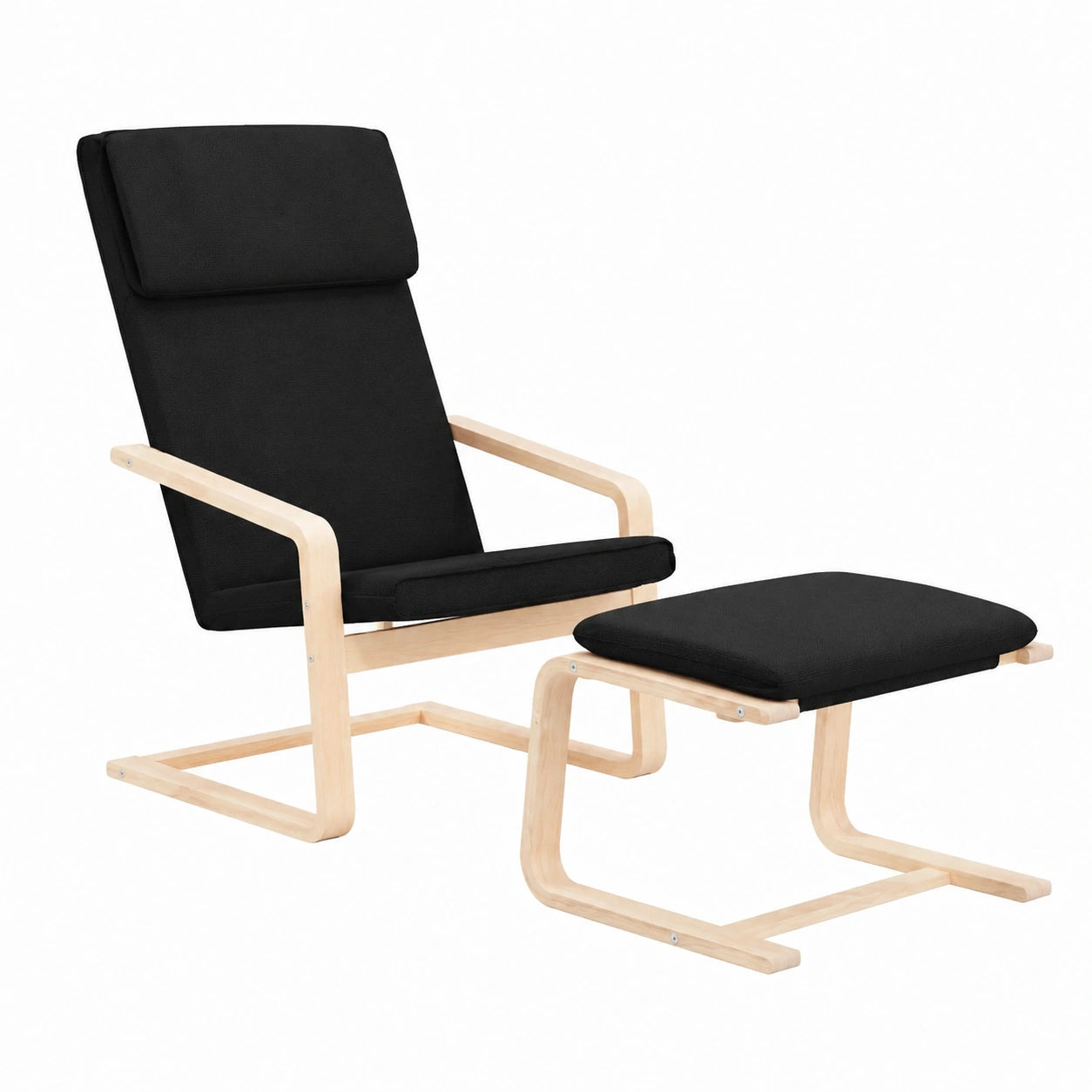 Sedia ergonomica nera con sgabello, legno di betulla, 59x82x98 cm per soggiorno e camera