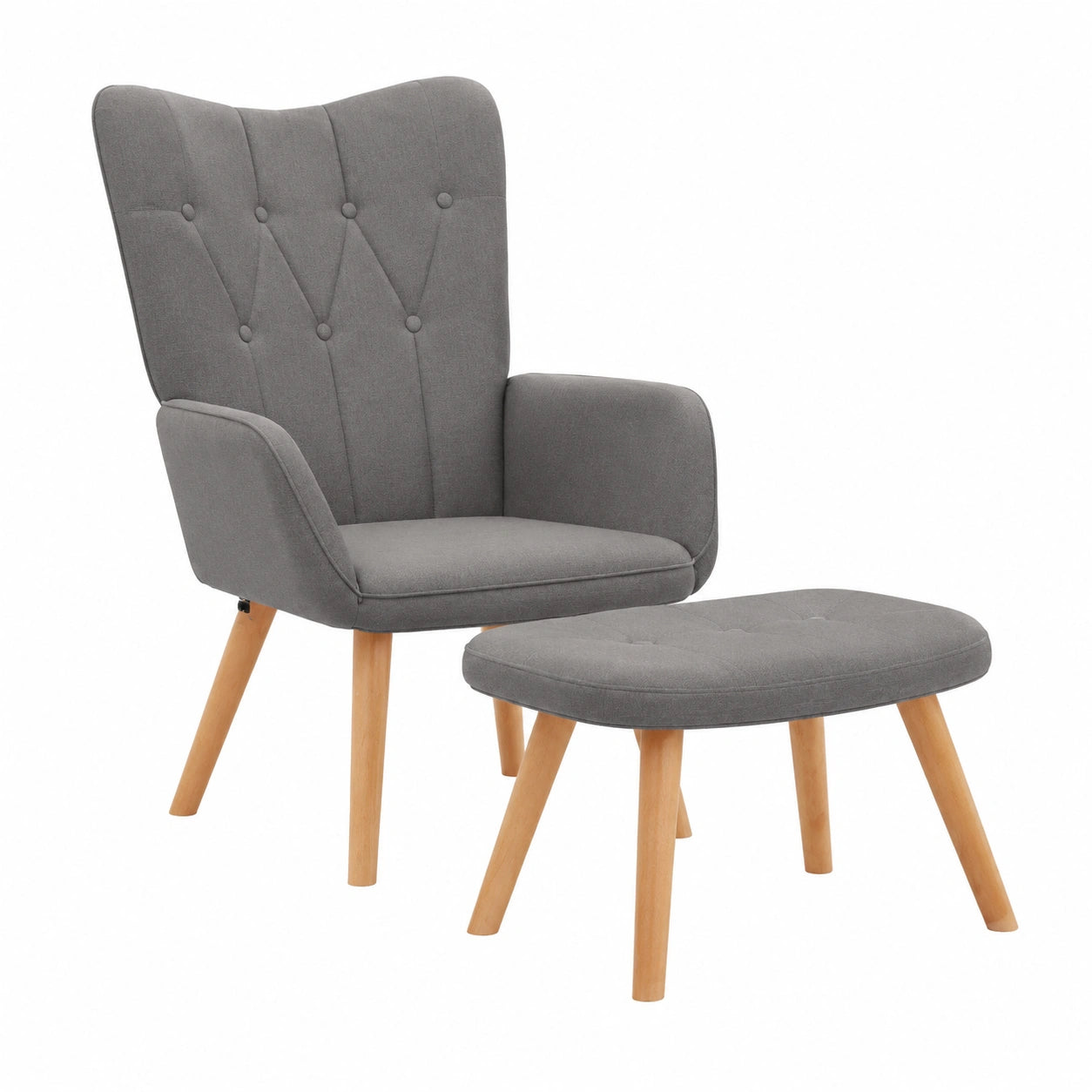 Poltrona Ergonomica con Sgabello in Tessuto Grigio Taupe, Struttura Robusta in Legno e Acciaio, Perfetta per Soggiorno e Relax