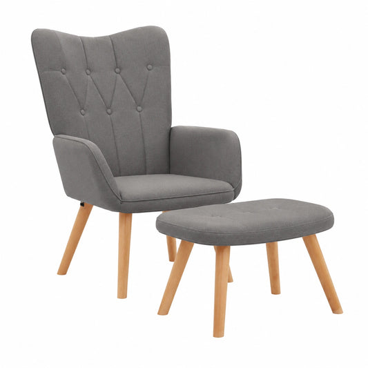 Poltrona Ergonomica con Sgabello in Tessuto Grigio Taupe, Struttura Robusta in Legno e Acciaio, Perfetta per Soggiorno e Relax