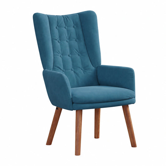 Poltrona Ergonomica in Velluto Blu, Telaio Acciaio, Gambe Legno, 63x67x94 cm