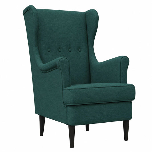 Poltrona ergonomica verde scuro in tessuto con base in metallo e legno, per soggiorno o camera da letto, dimensioni 65x79x100 cm, comoda e rilassante