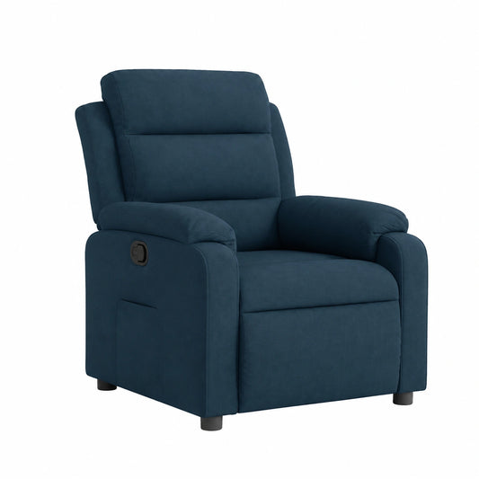 Poltrona ergonomica blu in velluto con schienale e poggiapiedi regolabili, struttura in legno e metallo per soggiorno e ufficio